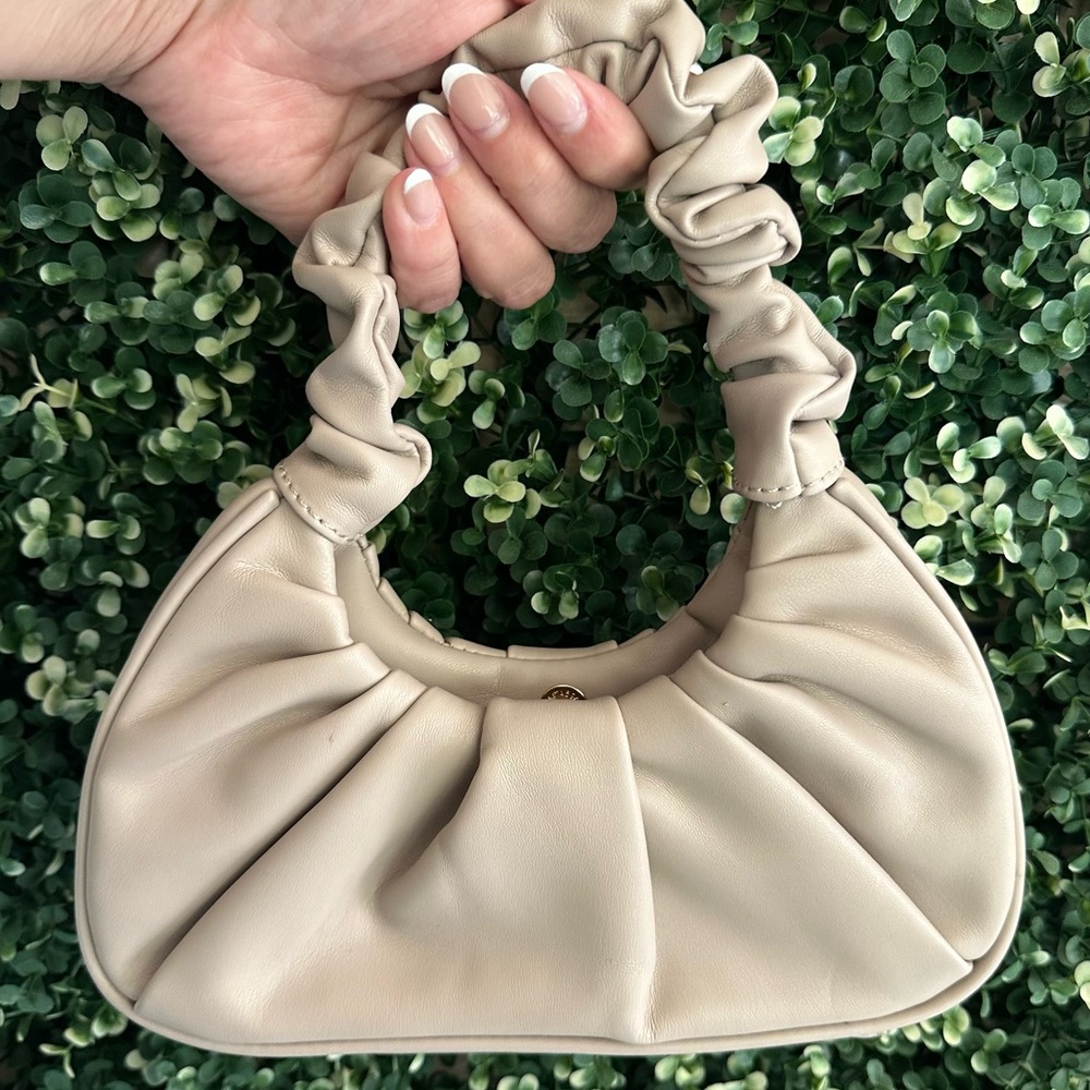 Expressions NYC Purse Vegan Leather Shoulder Bag Taupe Trendy Ruched Handle